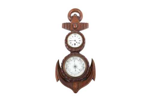 Antique oak aneroid barometer and clock