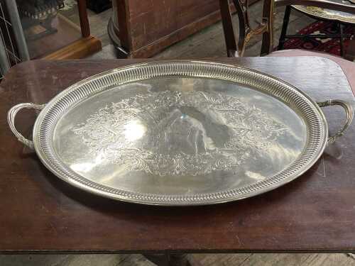 Antique siler plated oval tray with engraved decoration