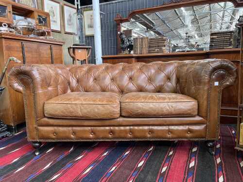 Chesterfield tan leather two seat sofa