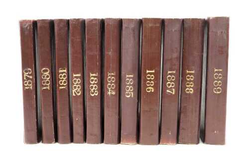 Antique leatherbound John Wisden Cricketers' Almanack 1879-1889, 11 volumes