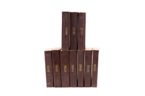 Antique leatherbound John Wisden Cricketers' Almanack 1890-1899, ten volumes