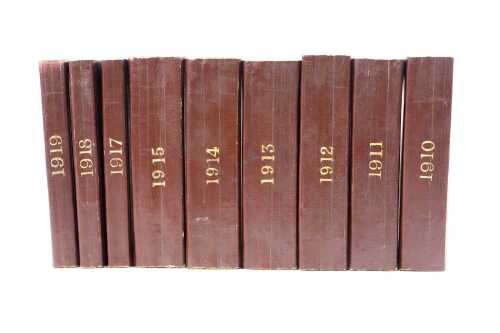Antique leatherbound John Wisden Cricketers' Almanack 1910-1919, nine volumes
