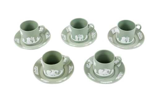 Five Wedgwood green Jasperware demitasse