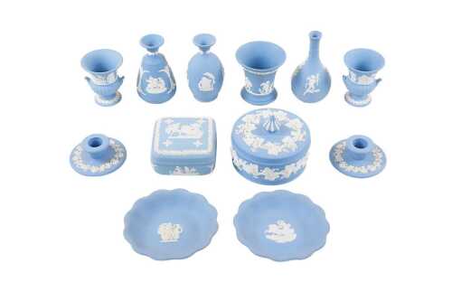 Wedgwood Jasperware including trinket boxes, pin dishes, pair of candle holders, etc