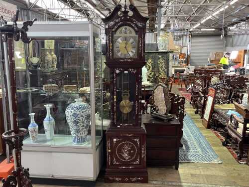 Chinese rosewood longcase clock with mother-of-pearl inlay