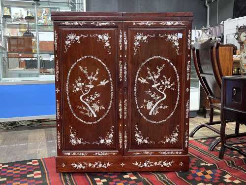 Chinese rosewood and mother of pearl inlaid bar cabinet
