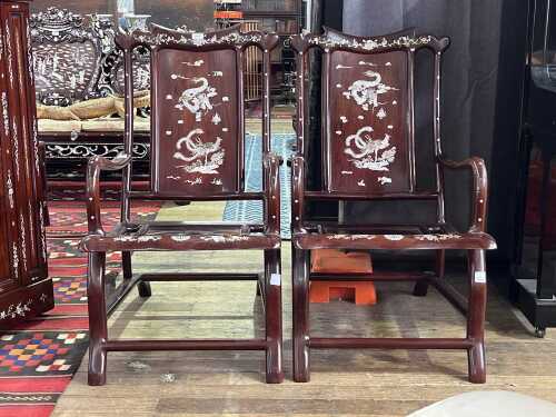 Pair of Chinese rosewood and mother of pearl inlaid armchairs