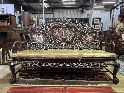Chinese rosewood and mother of pearl inlaid three seat sofa
