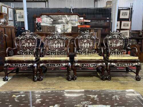 Set of four Chinese rosewood and mother of pearl inlaid armchairs