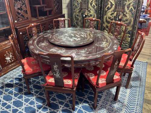 Chinese rosewood and mother of pearl inlaid nine piece dining suite