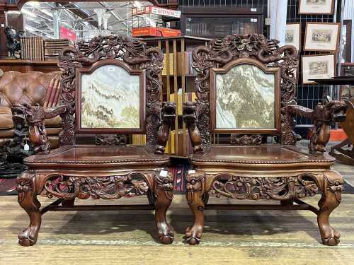 Pair of Chinese carved rosewood armchairs with marble backrests