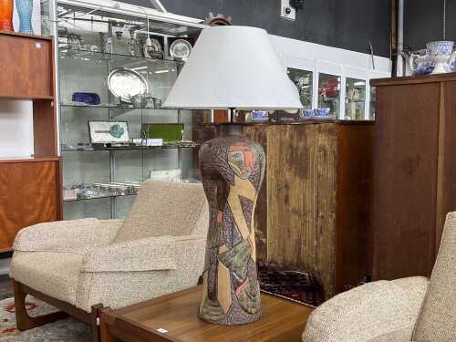 33 · Mid-century terracotta lamp with abstract figural textured detail and white fabric shade