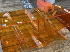 Pair of orange bent acrylic bedside tables - 2