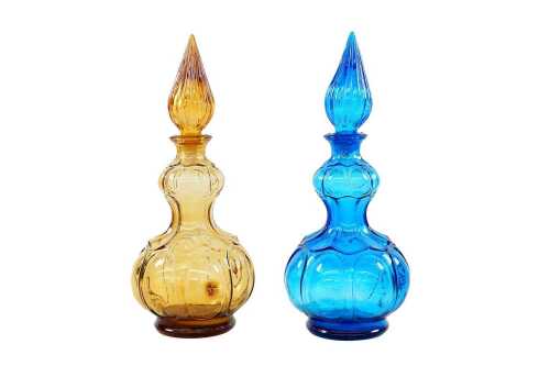 68 · Pair of Mid-century Empoli 'Corset' glass genie bottles in amber and blue
