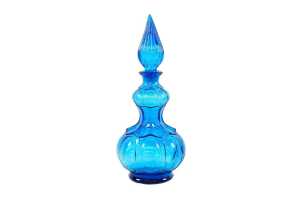 Pair of Mid-century Empoli 'Corset' glass genie bottles in amber and blue - 4