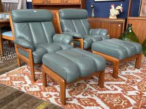 Pair of Noblett mid-century armchairs with footstools