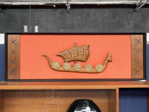 Mid-century wall panel with carved timber Viking ship