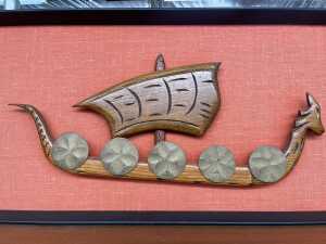 Mid-century wall panel with carved timber Viking ship - 2