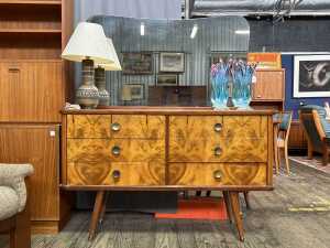 Mid-century blackwood and figured walnut dressing table