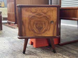 Mid-century blackwood and figured walnut bedside cabinet