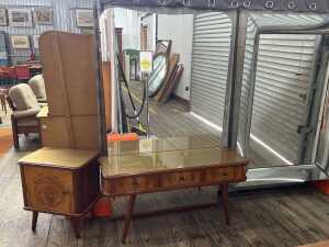 Mid-century blackwood and figured walnut dressing table