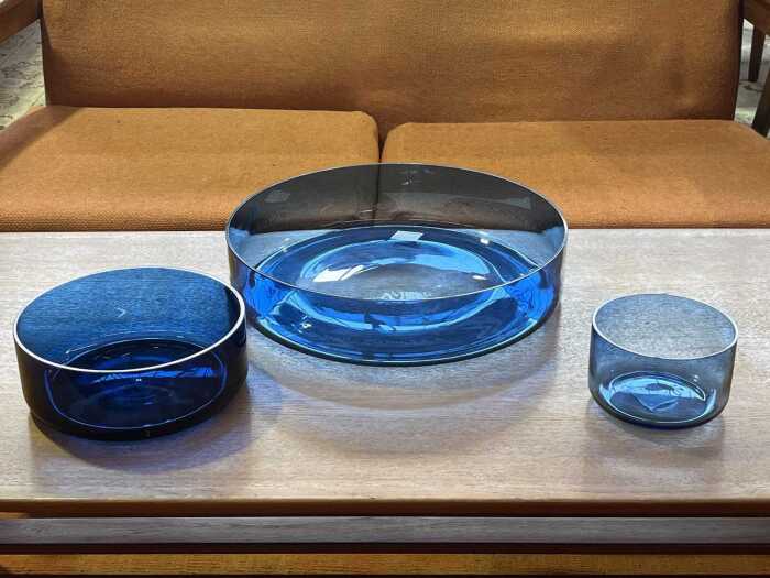 Three Timo Sarpaneva low profile blue glass bowls