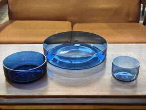 Three Timo Sarpaneva low profile blue glass bowls