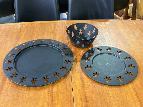 Alessi black metal trays and bowl