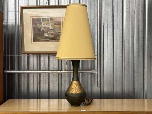 Mid-century ceramic lamp with dark green and gilt design