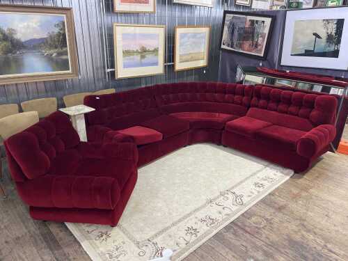 Mid-century red velvet button back lounge suite