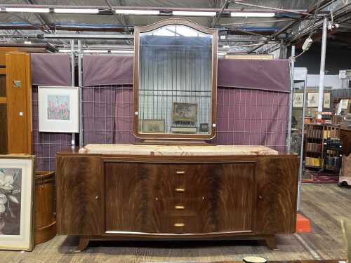 French Art Deco flame mahogany sideboard with matching mirror