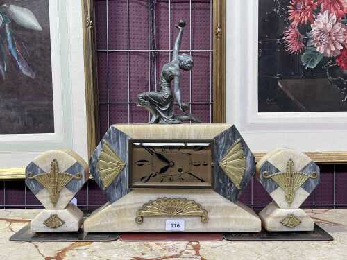 French Art Deco marble mantel clock and garniture set