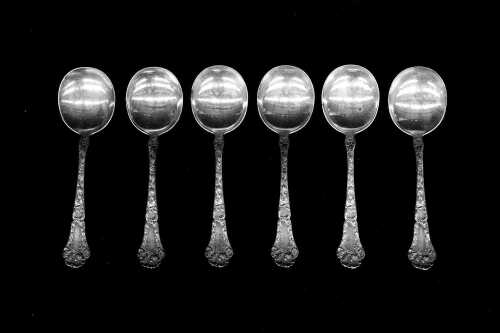 Set of six Gorham 'Poppy' sterling silver soup spoons, weight 268g