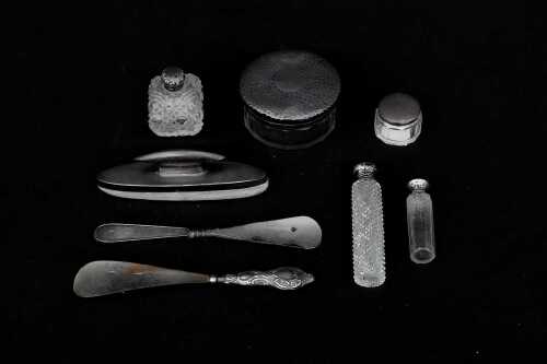 Collection of English sterling silver mounted dressing table items