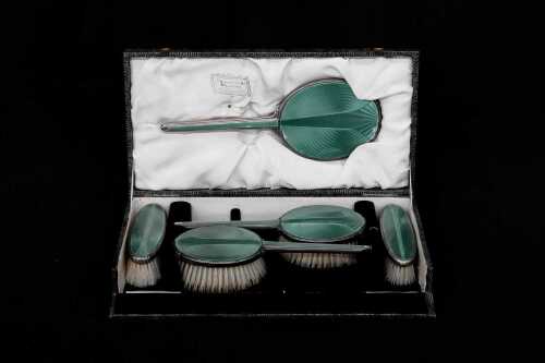 Art Deco English gilloche enamelled sterling silver mounted dressing table set