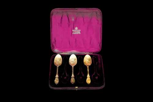 Three Victorian Aesthetic Movement sterling silver spoons, weight 111g
