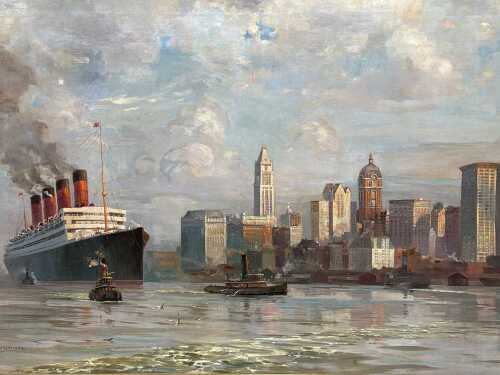 Odin Rosenvinge (British, 1880-1957 ), R.M.S. Aquitania leaving New York. Oil painting on canvas