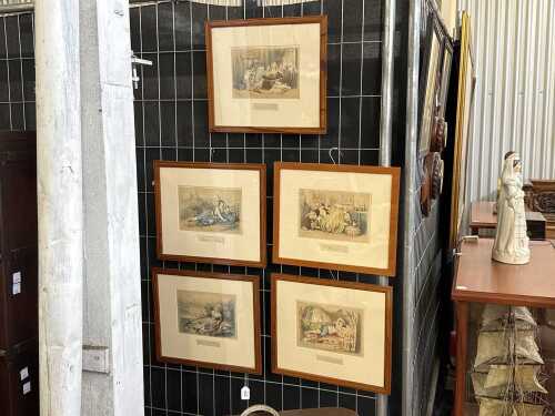 Artist unknown, set of five framed antique 'Aux Bords' French lithographic prints