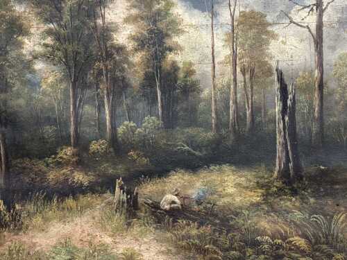 P. Power (1834 - 1918?), (The Campsite) 1914, gouache painting on card
