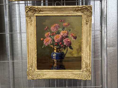Alfred Palmer (1877-1951), still life with dahlias and rosehips. Oil painting on board