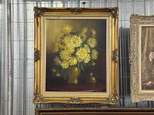 M. Lynch, (Yellow dahlias in vase) floral still life, oil painting on artist board