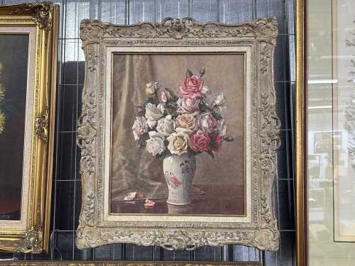 Allan Thomas Bernaldo (1908-1988), still life of roses in Chinese vase. Watercolour painting on card