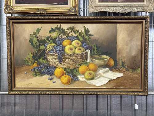 R. Romagnoli (20th century, Italian), (Still life with fruit and basket), oil painting on canvas