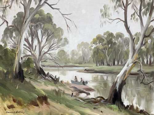 Dermont Hellier (1916-2006), Foggy Morning, Murray River, Mildura. Oil painting on board