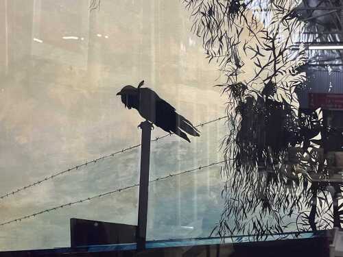Holy Razavi (working 2020s), (Crow on fencepost), watercolour and ink painting on paper