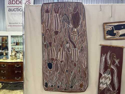 Micky Wungulba (1938 - c.1988, Arnhem Land) , Fish, Water and Goanna, Indigenous painting on bark