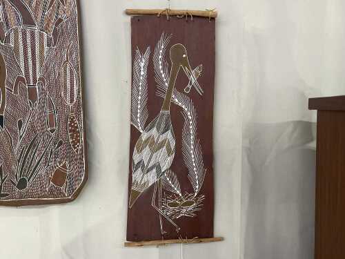 Jeremiah Garlngarr (working 1990s- ), (Waterbird with fish and eggs), Indigenous painting on bark