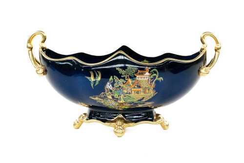 Carlton Ware Bleu Royale 'Chinoiserie' porcelain twin handled vase