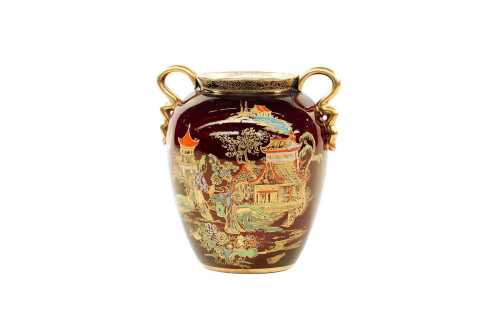 Carlton Ware Rouge Royale 'Mikado' porcelain twin-handled vase