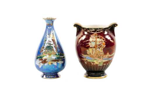 Two Crown Devon 'Galleon' lustre porcelain vases in red and blue